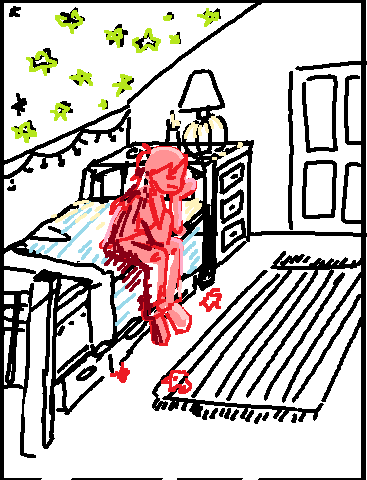 MS Paint sketch of a boy sitting on his bed.